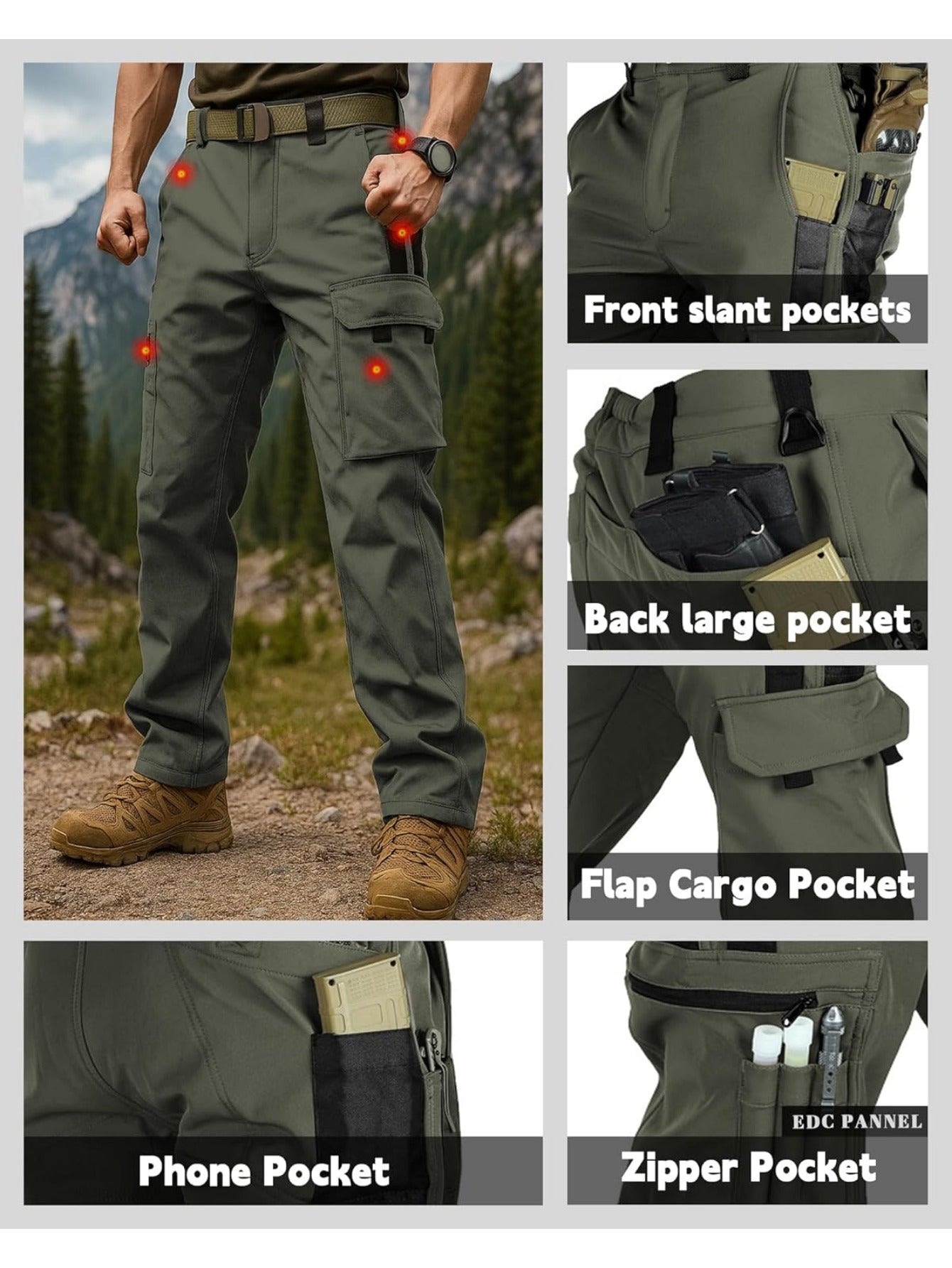 Men'S Fleece Lined Snow Ski Pants Windproof Softshell Tactical Pants Winter Outdoor Hiking Fishing