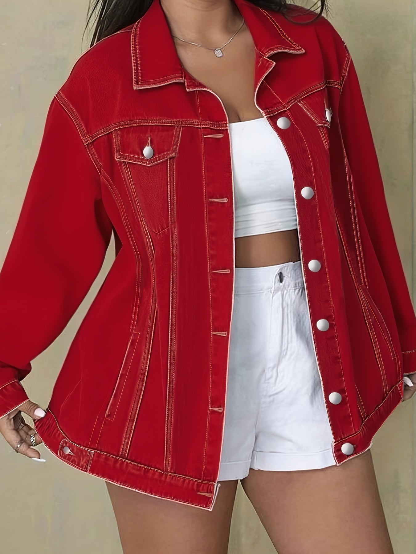 Plus Size Solid Color Collared Button-Front Denim Jacket - Women's Mature Stylish Street Casual Style Loose Fit Daily Comfortable Autumn Winter Plus Size Denim Top