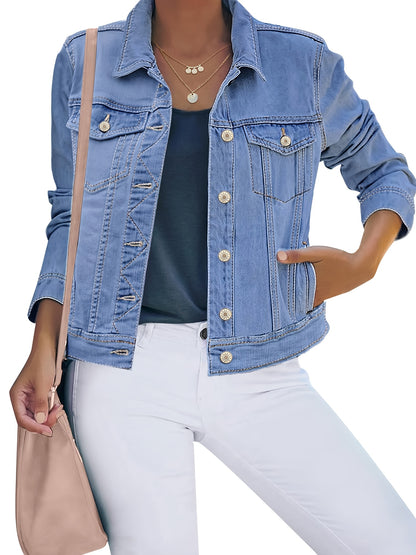 Women'S Retro-Wash Cropped Denim Jacket: Slim-Fit Button-Front Coat - Casual Everyday Denim Jacket, Perfect For Spring & Autumn Layering - Pairs Beautifully With Jeans, Dresses, And Skirts