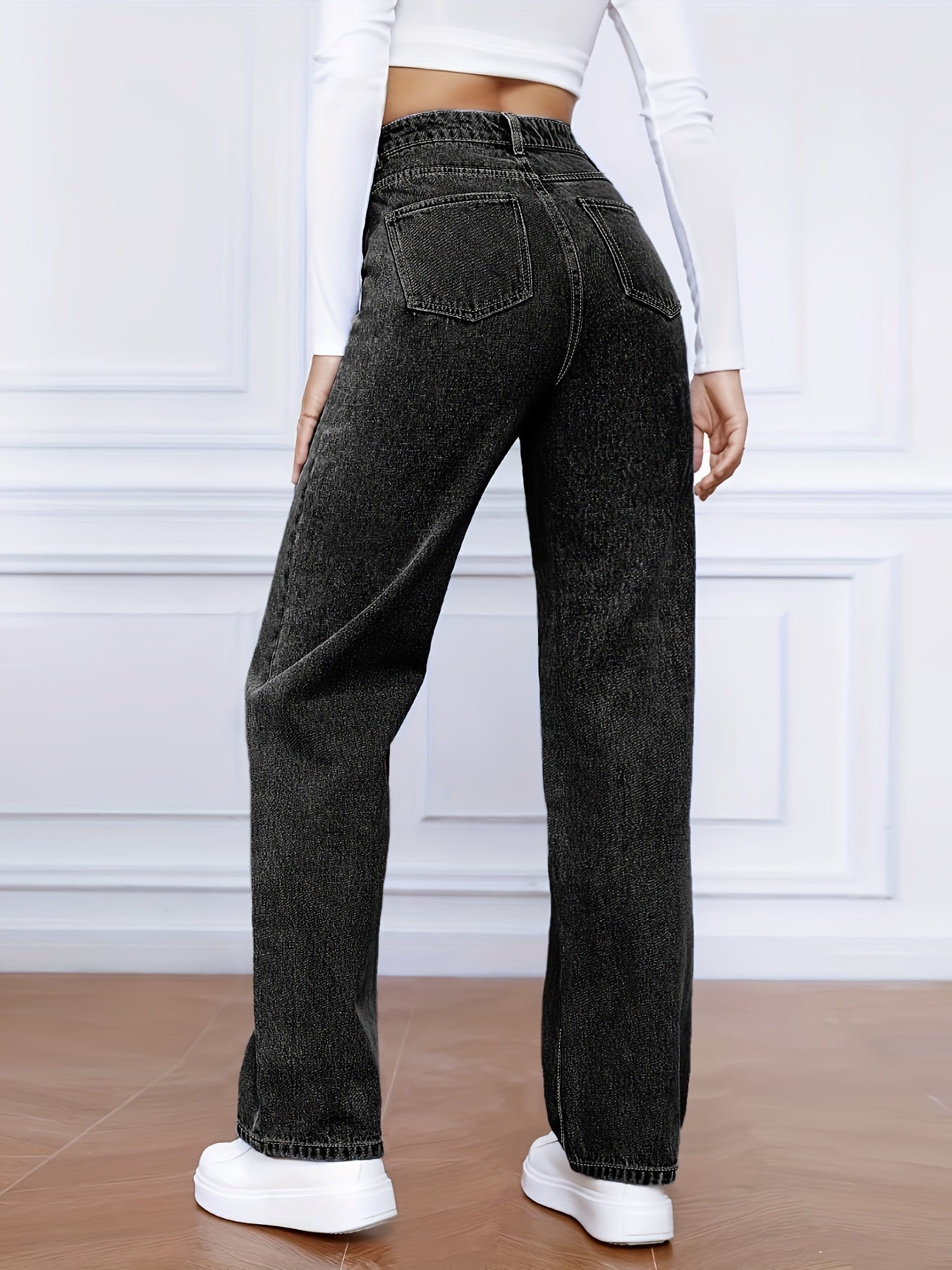 Light Blue Denim Zip Closure Straight Denim Trousers, High-waisted Street, Minimalist Design, Casual And Versatile, Loose Four-season Plus Size Jeans