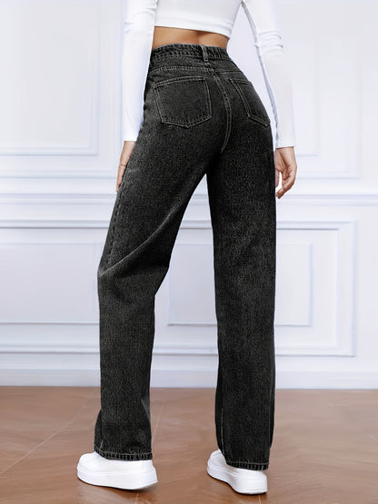 Light Blue Denim Zip Closure Straight Denim Trousers, High-waisted Street, Minimalist Design, Casual And Versatile, Loose Four-season Plus Size Jeans