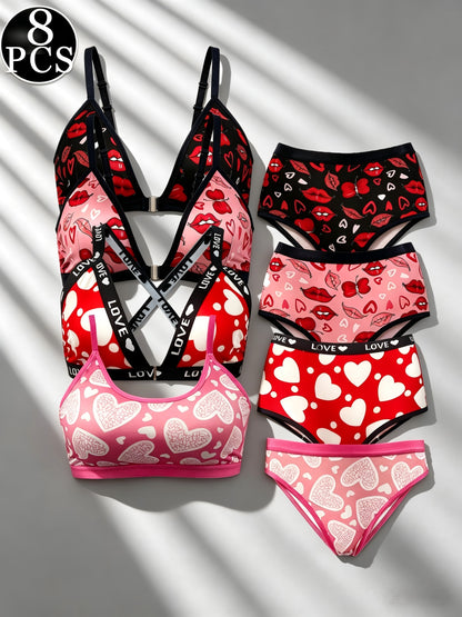 8pcs Women's Full Lingerie Set - Front-Closure Push-Up Bra & Low-Rise Triangle Panties, Soft Breathable Comfort Suitable for Party & Casual Attire, 8pcs Matching Underwear