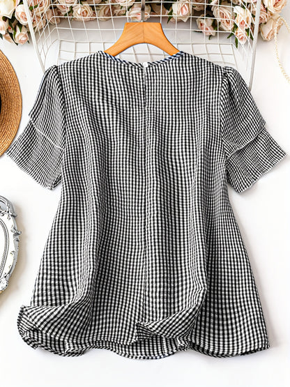 Plus Size, Women's Plus Size Short Sleeved Checkered Shirt Summer Casual Round Neck Outdoor Casual Top