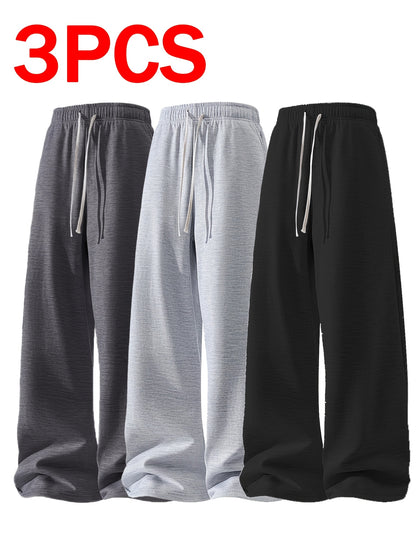 3pcs Men's Lightweight Soft Joggers - Loose Fit Straight Leg Pants Waist, Light Grey & Black/Dark Grey, All-Season Comfort Suitable for Gym, Casual Wear, Everyday Use - Straightforward Casual Style (Stock Available)