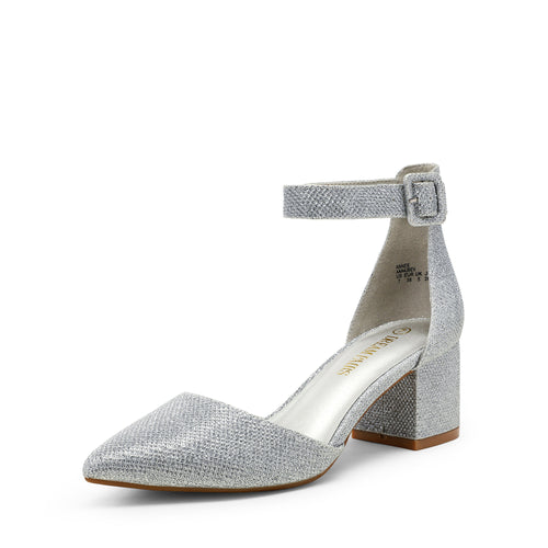 Pointed Toe Low Chunky Heels Pump Shoes Women Pumps with Ankle Strap