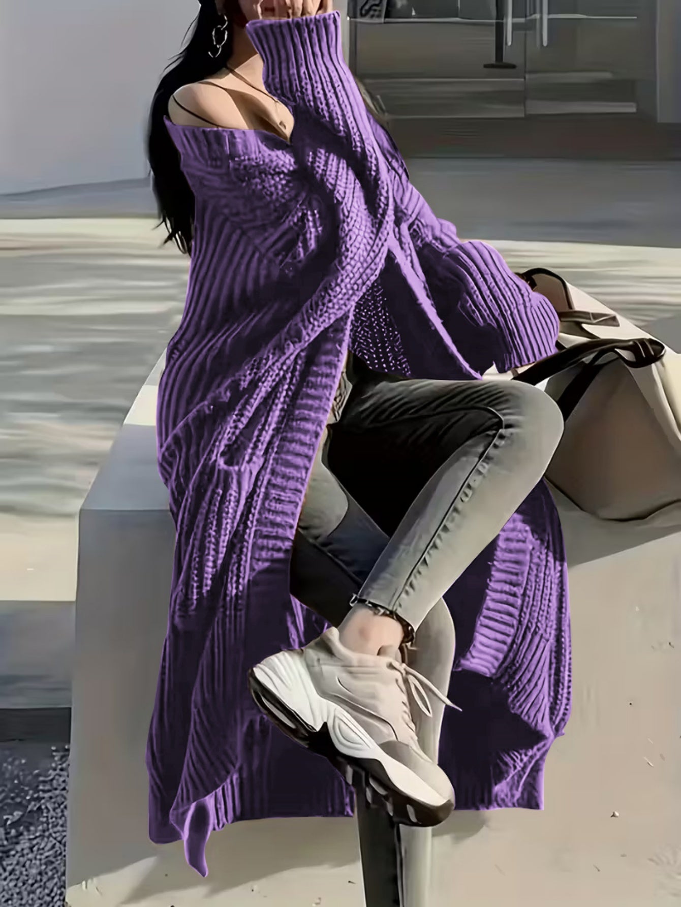 Plus Size, Solid Color Plus-Size Women's Long Pocket Cardigan Loose Over-the-Knee Sweater Coat Fashion Versatile Outerwear