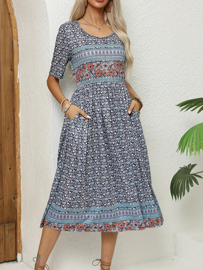 Casual Bohemian Dress for Women, Short Sleeves, Crew Neck, with Pockets, Loose Fit, Ideal for Summer And Beach Wear in 2025