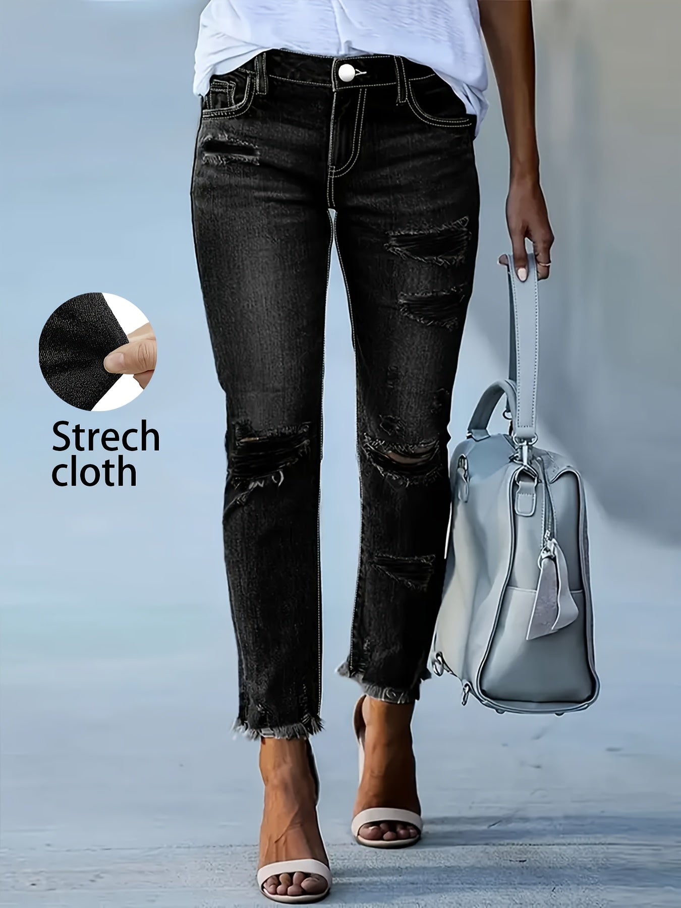 Plus Size Women's Blue Distressed Washed Denim Jeans | Multiple Rips & Destroyed Hem | Slim Fit, Unique Design | Versatile Stylish Style for All-Season Commuting