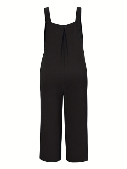 Plus Size, Curve Casual Women's Spring And Summer Button Back Tie One-piece Pants - Back Tie Button Design, Casual Black, Thin Thickness, Loose - Spring And Summer Plus Size Women's Casual Jumpsuits
