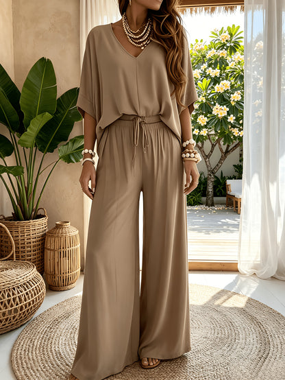 Women'S 2pcs V-Neck Wide Leg Pants Set - Boho Short Sleeve Loose Top & Drawstring Waist Outfit, Summer Beach Loungewear For Vacation, Perfect For Holiday And Daily Wear