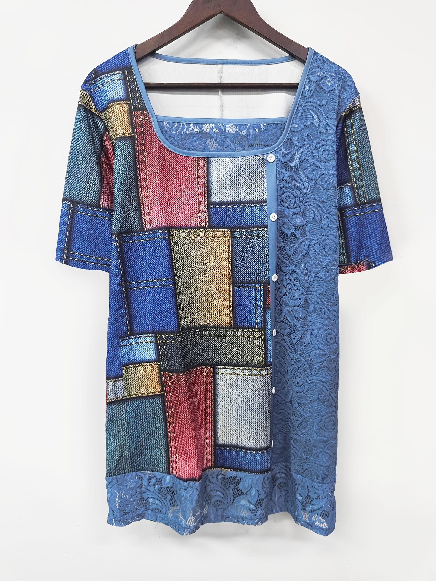 Plus Size, Women's Lace Patchwork Plaid Print Top with Pockets - Spring And Summer Versatile U-neck Button Short-sleeved Elegant Top, Polyester Material Is Soft And Comfortable, Suitable for Casual Travel And Formal Occasions, Women's Clothing