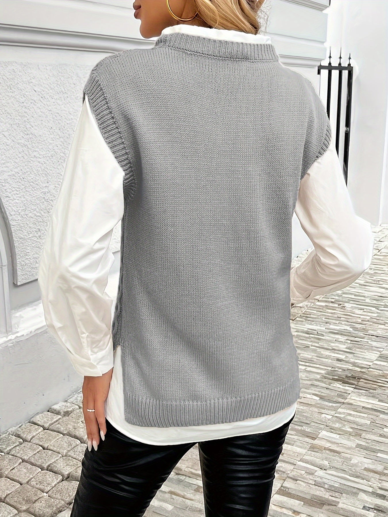 Women's Cable Sweater Vest - Sleeveless Round Neck Slit Hem Blouse, Solid Color Medium-Elastic Knitwear for Spring Summer Fall Layering, Casual & Semi-Formal Wear (Hand Washable)