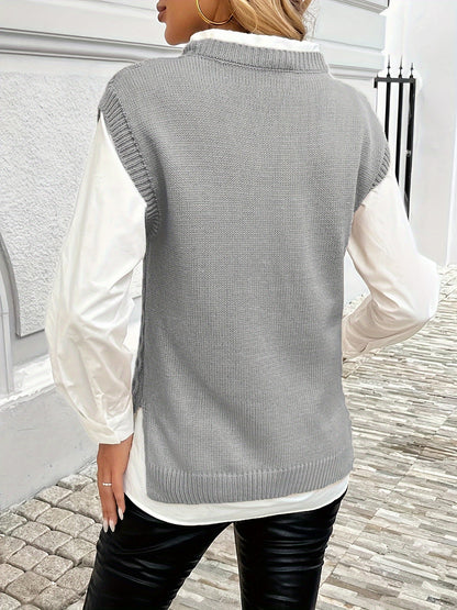 Women's Cable Sweater Vest - Sleeveless Round Neck Slit Hem Blouse, Solid Color Medium-Elastic Knitwear for Spring Summer Fall Layering, Casual & Semi-Formal Wear (Hand Washable)
