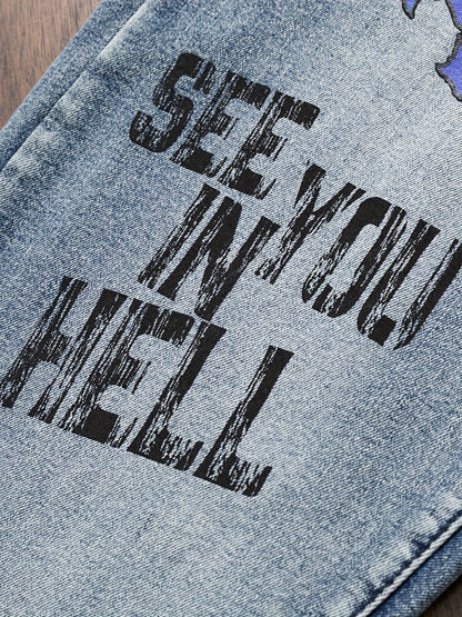 Cool Comfort, Men'S Slim-Fit Stretch Denim Jeans with Punk Skull Print - Versatile Casual Streetwear, Machine Washable