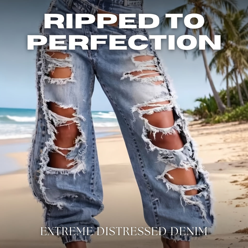 High-waisted Ripped Jeans with Cuffed Hems, Stylish, Trendy and Street-style