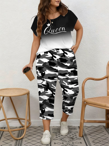 Plus Size, Spring/Summer Plus Size Women's 2pcs Set, Gradient Print And Queen Print, Round Neck Top with Capri Pants, Suitable for Home, Leis And Outings