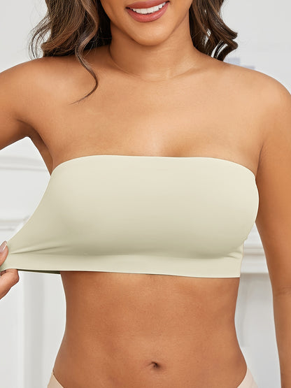 1pc ESSELEGANCE Seamless Wireless Bandeau Bra - Soft Nylon & Elastane Blend, No-Show Design, Beige/Nude, Comfortable Stretch Fit for Casual Attire