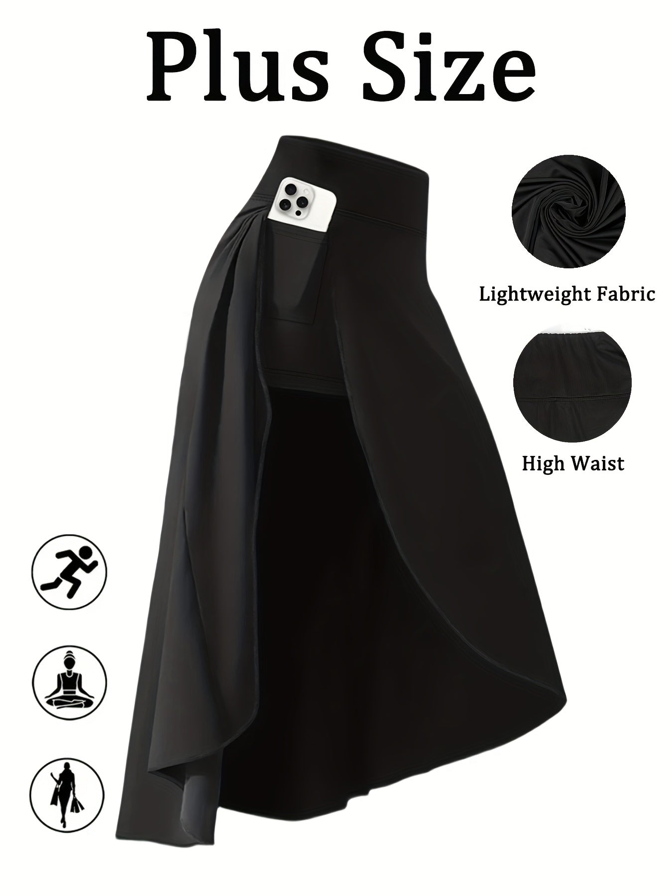 2026 Plus Size High Waist Skort with Pockets - Stretchy Side Slit, Lightweight Long Culottes for Women | Summer Vacation Beachwear, Summer Skirt (Black/Burgundy) Game Day Outfit, Football Fan Gear for All Fans