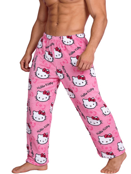 Sanrio Hello Kitty Men's Anime Pajamas - Hello Kitty Face & Iconic Print Flannel Sleepwear, Cozy Winter Lounge Pants, Machine Washable Cartoon Sleepwear for & Men (-)