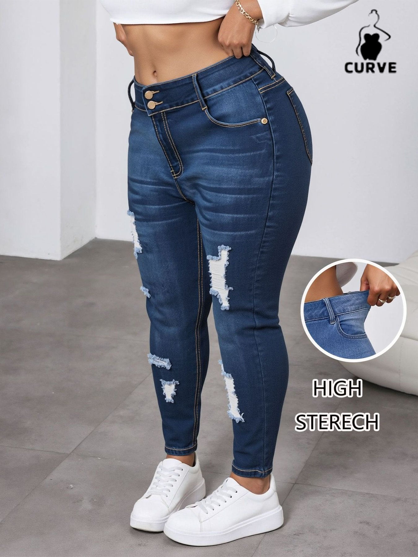 Women'S Plus - Size High - Waisted Ripped Jeans, Elastic & Shaping