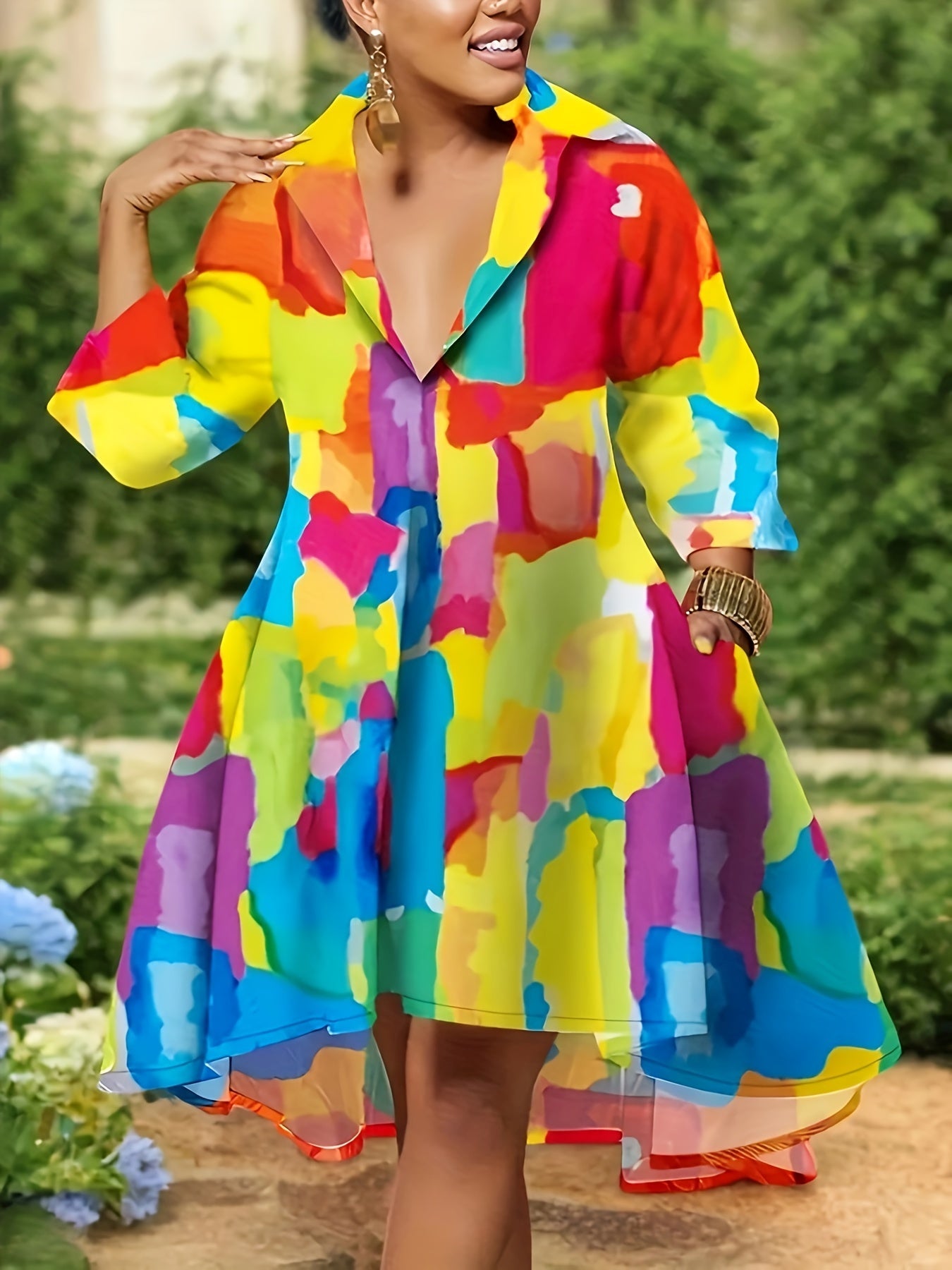 [Fashion Vacation Dresses] Plus Size Women's Fashion Vacation Casual Style Multi-colour Printed Long Sleeve Lapel Dresses | Spring, Summer And Autumn Fatty Size