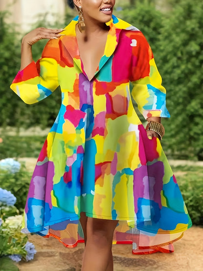 [Fashion Vacation Dresses] Plus Size Women's Fashion Vacation Casual Style Multi-colour Printed Long Sleeve Lapel Dresses | Spring, Summer And Autumn Fatty Size