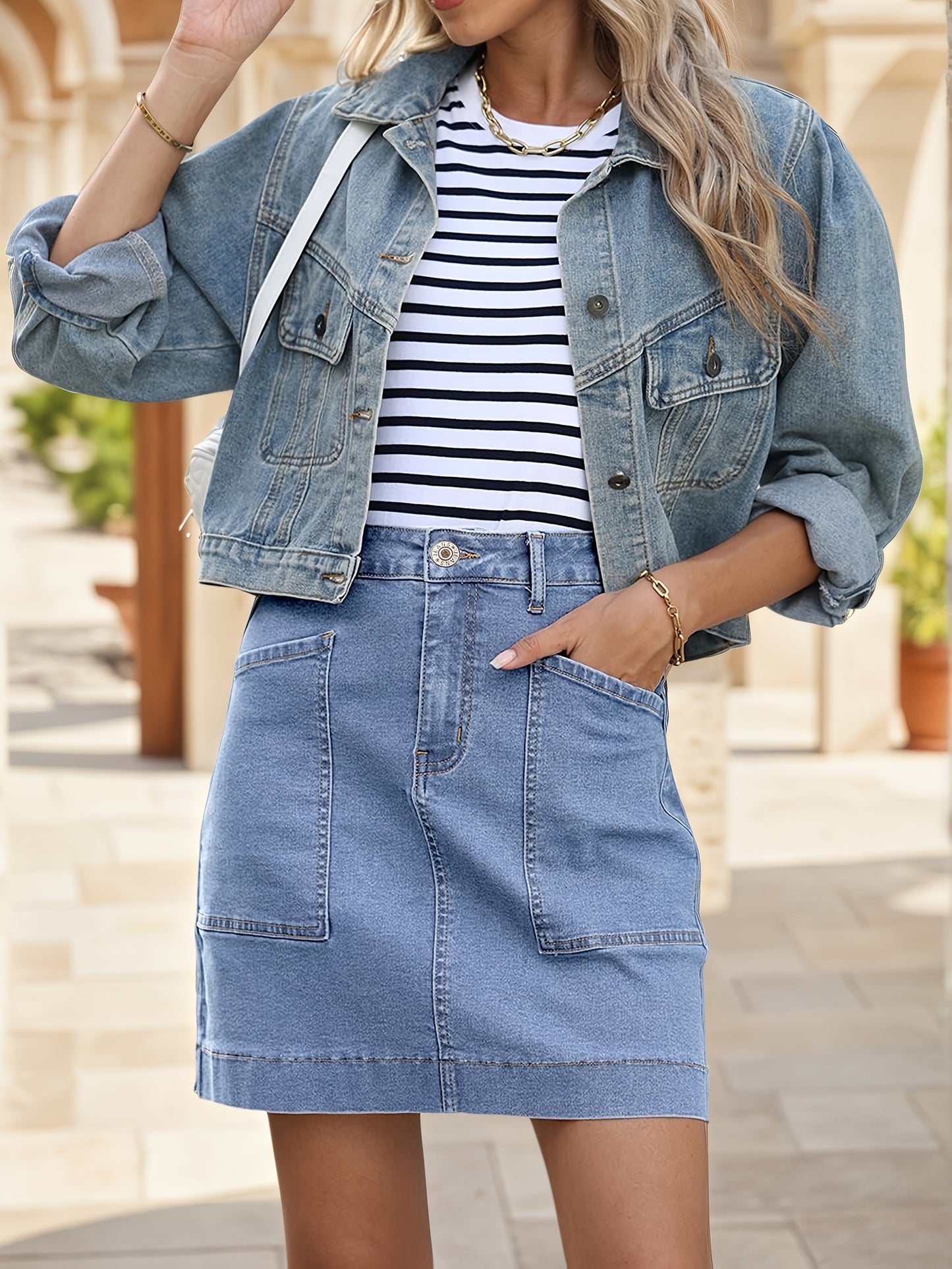 Women'S High-Waist Stretch Denim Mini Skirt - Versatile, Mid-Length Skirt with Large Pockets, Casual Elegant Style, Perfect for Summer, Jeans Skir
