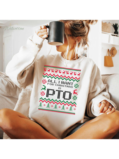 Women'S Funny Ugly Christmas Sweater Shirt - "All I Want for Christmas is PTO" Slogan, Festive Sweater Design with Snowflakes & Candy Canes, Casual Round Neck Pullover for Work Parties, Family Photos & Holiday Gifts (Green/Red/) - Cozy Winter Appare