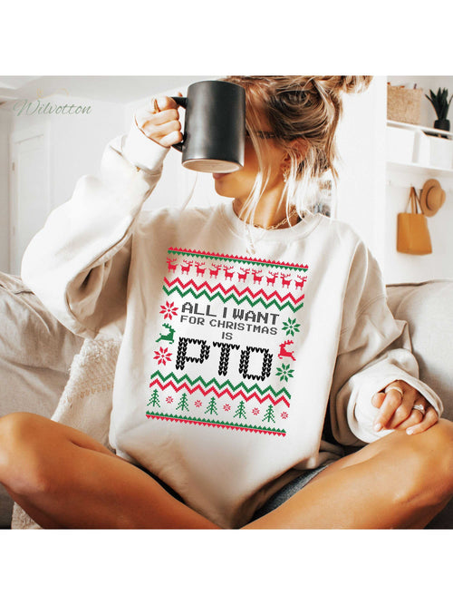 Women'S Funny Ugly Christmas Sweater Shirt - "All I Want for Christmas is PTO" Slogan, Festive Sweater Design with Snowflakes & Candy Canes, Casual Round Neck Pullover for Work Parties, Family Photos & Holiday Gifts (Green/Red/) - Cozy Winter Appare