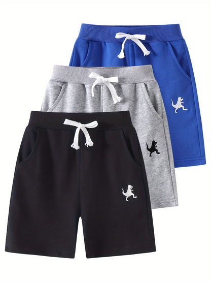 Set of Three Athletic Shorts for Young Boys Featuring Pockets - Easy Pull-On Style with Active Dinosaur Embroidery, Comfortable And Breathable Summer Shorts for Children, for Outdoor