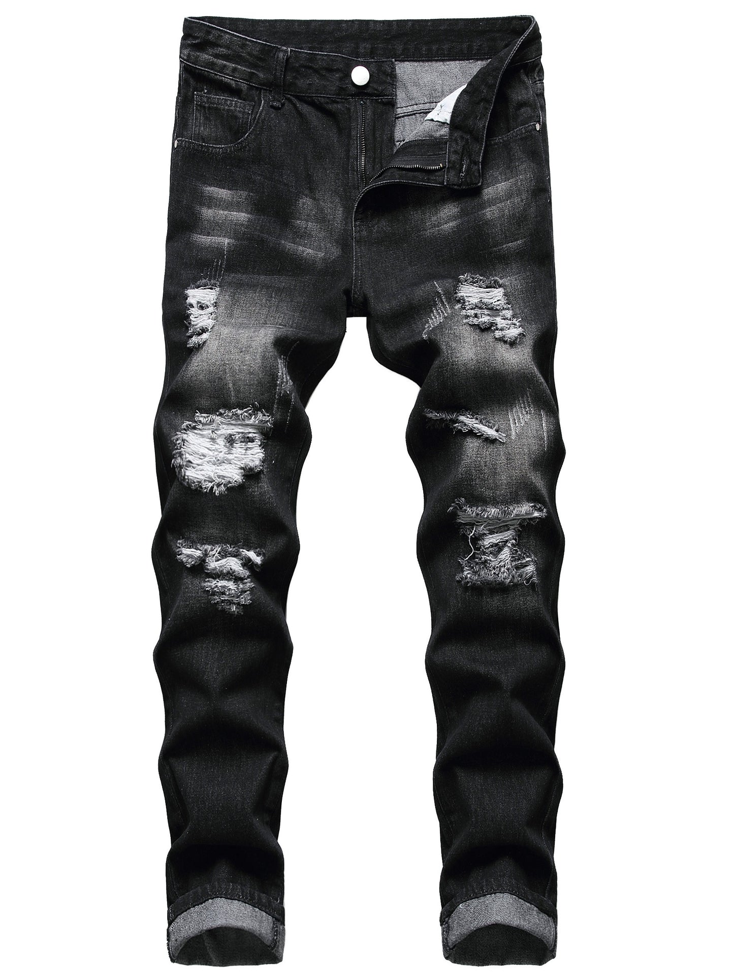 Men'S Slim Fit Straight Leg Denim Pants with Ripped And Distressed Details