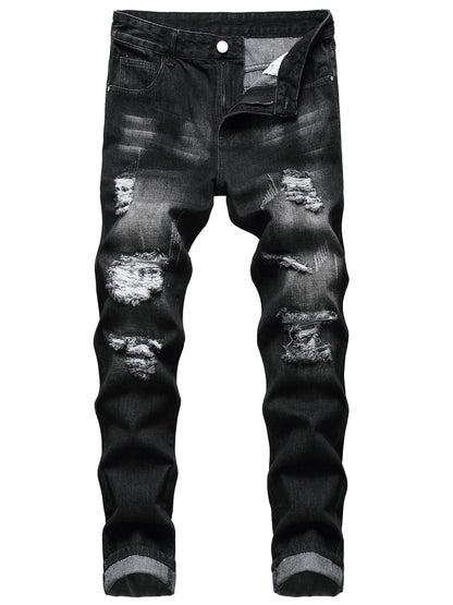 Men'S Slim Fit Straight Leg Denim Pants with Ripped And Distressed Details