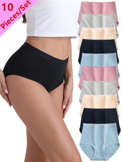 10pcs Women'S High-Waisted Tummy Control Panties, Breathable Comfortable Underwear, Simple Solid Color