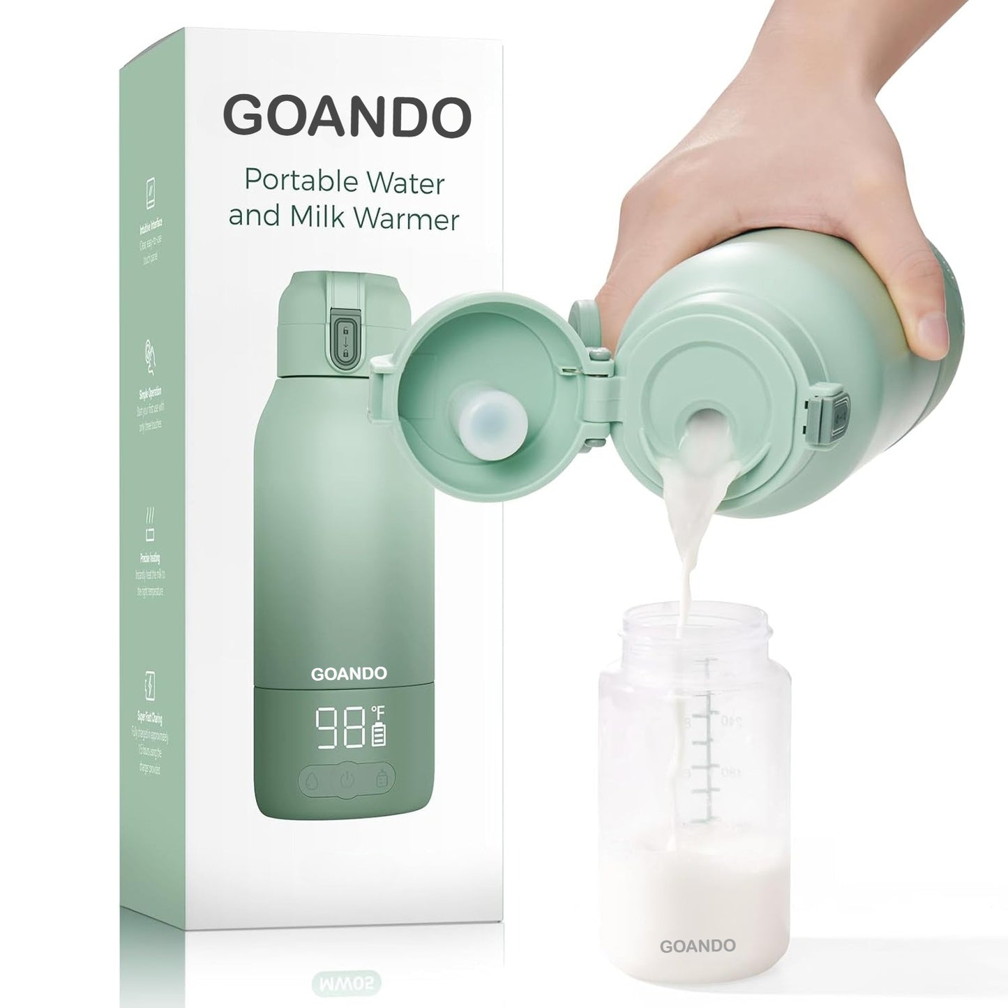 GOANDO Portable Bottle Warmer for Travel 12oz- 80W Fast Heating, 316 Stainless Steel, 11400mAh Rechargeable Precise Temp Control & LED Display Safety Lock Cordless Travel Warmer for Breastmilk & Formula