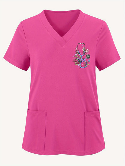 Women'S Elegant Floral Stethoscope Print V-Neck Scrub Top, Polyester Knit Fabric with Medium Stretch, Short Sleeve Nurse Uniform with Pockets, All-Season Loose Fit Pullovers