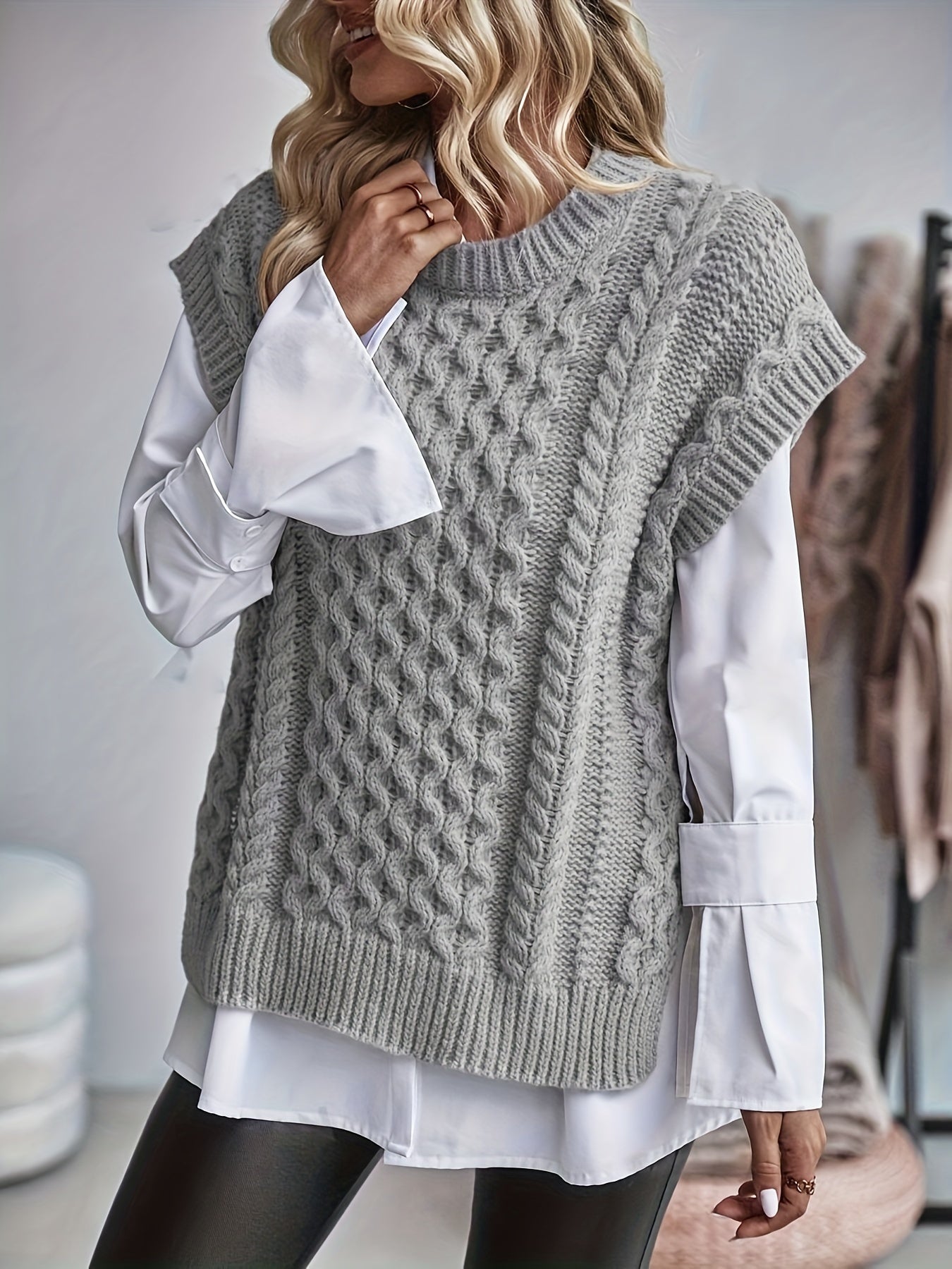 Women's Cable Sweater Vest - Sleeveless Round Neck Slit Hem Blouse, Solid Color Medium-Elastic Knitwear for Spring Summer Fall Layering, Casual & Semi-Formal Wear (Hand Washable)