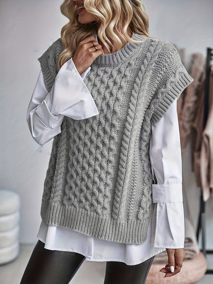 Women's Cable Sweater Vest - Sleeveless Round Neck Slit Hem Blouse, Solid Color Medium-Elastic Knitwear for Spring Summer Fall Layering, Casual & Semi-Formal Wear (Hand Washable)