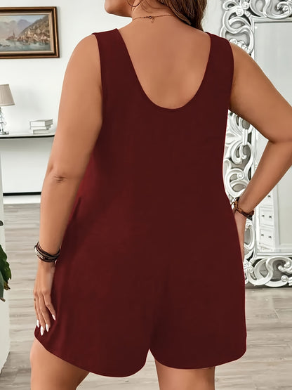 Green 3pcs Women's Plus Size Sleeveless Jumpsuit - Elegant Crew Neck, Stretchy Fabric, Pocket Detail, Ideal for Spring/Summer/Fall, Casual Wear|Elegant Sleeveless Jumpsuit|Pocketed Jumpsuit