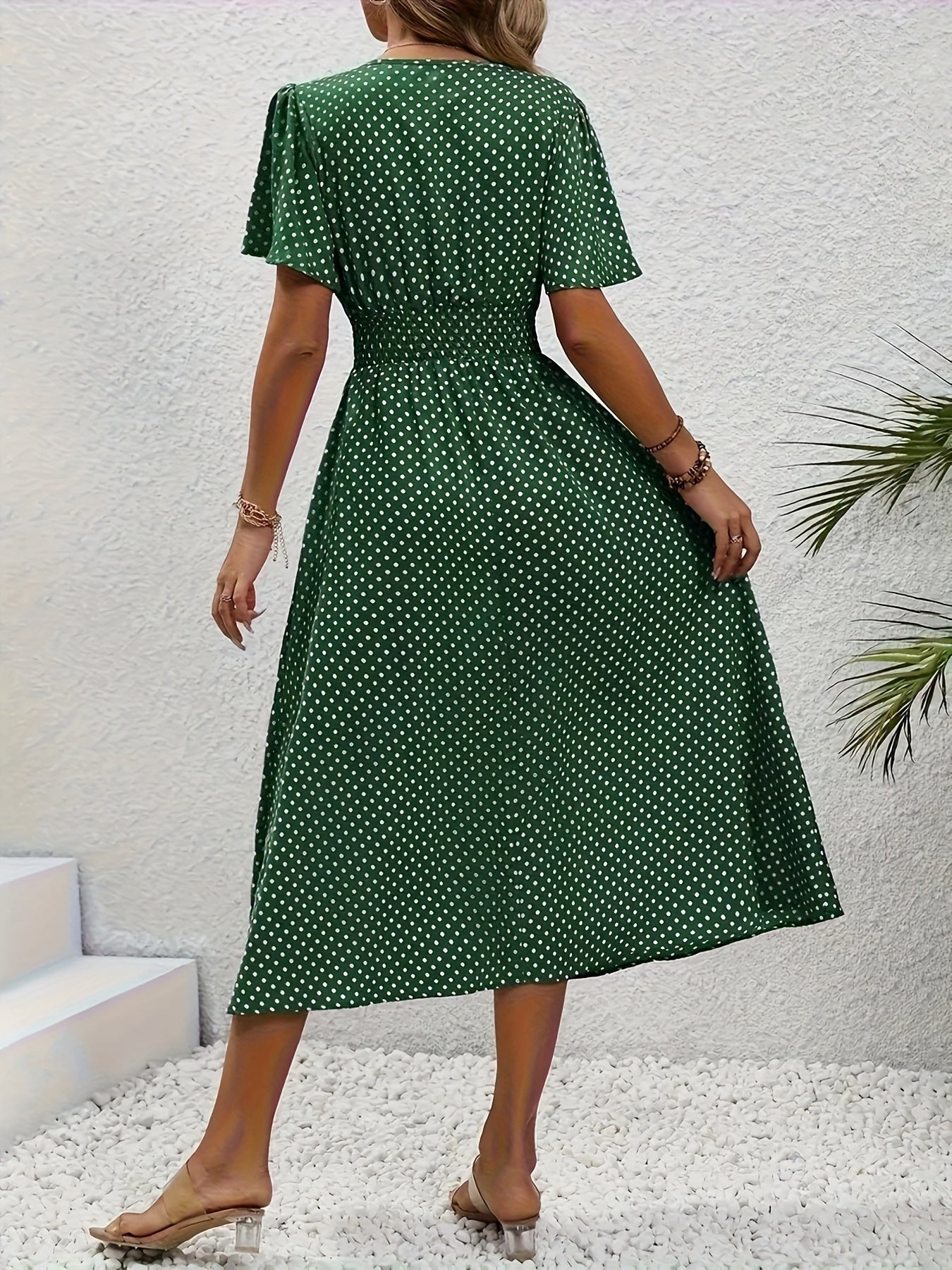 Women'S Long Dress in Pink with Polka Dots - Casual V-Neck, Ruffled Sleeves, Waist-Enhancing Style, Made of Lightweight, Ideal for Spring/Summer, Machine Washable