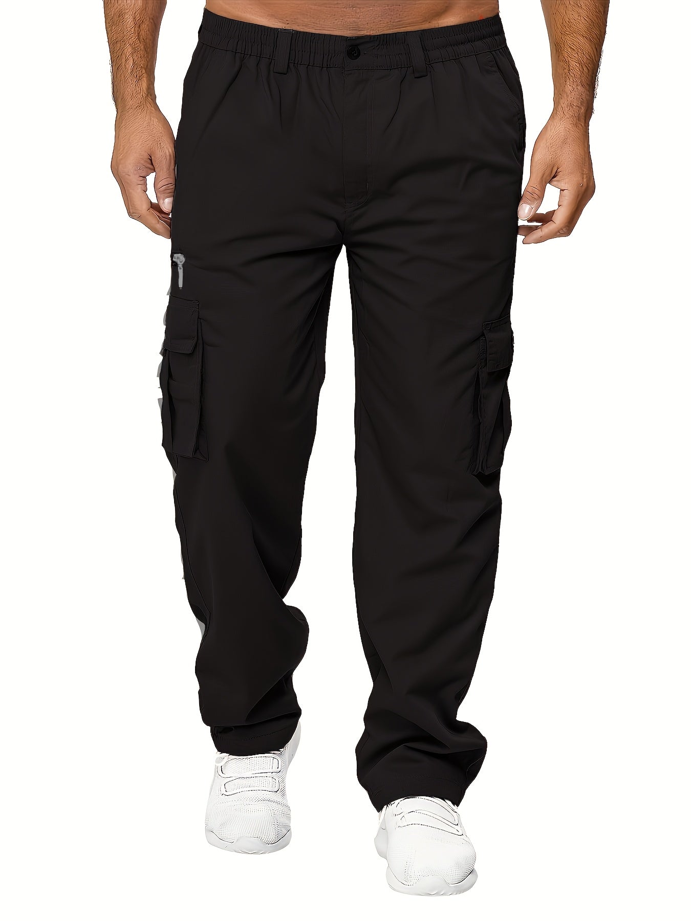 3pcs Men'S Casual Solid Color Cargo Pants, Polyester Non-Stretch Woven Fabric, Multiple Pockets, Regular Fit, Spring/Fall Season, Hiking & Outdoor Scene, Weekend Casual Occasion, Thick