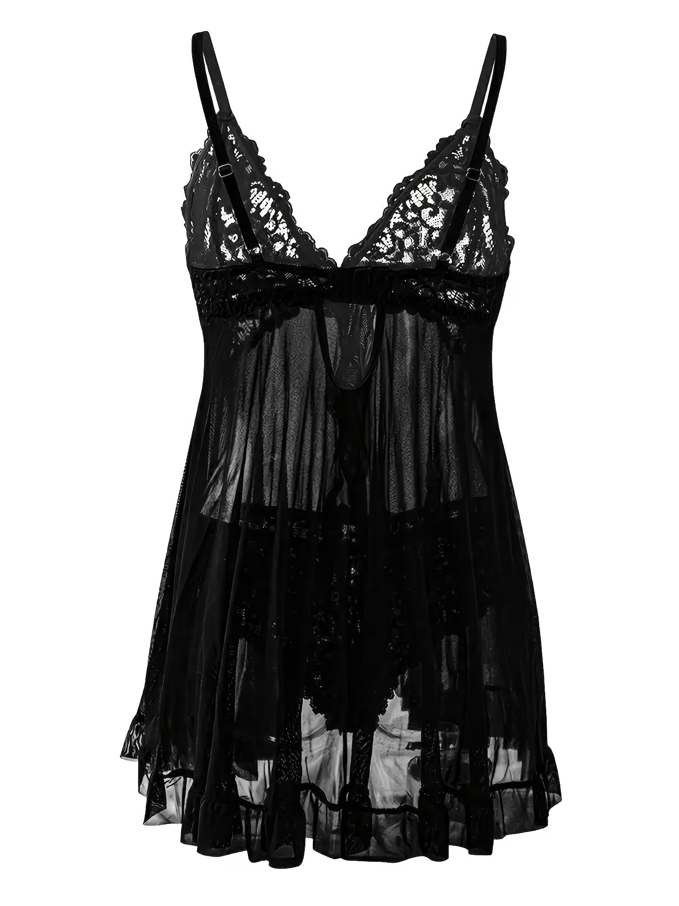 Big Size Sultry Valentine Lace Sleepwear Dress Set - Exquisite Lace, Flattering V-Neckline, Daring Backless Design, Delicate Ruffle Trim, Trendy Split Hem, Seductive Thong Detail, Ultra-Comfortable Fabric, Perfect For Romantic Night, Anniversary Gift