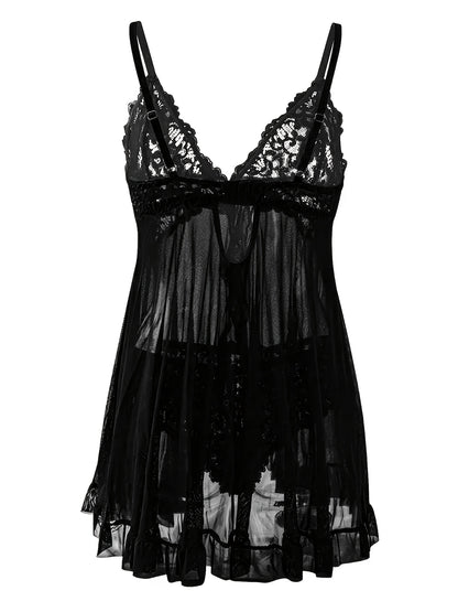 Big Size Sultry Valentine Lace Sleepwear Dress Set - Exquisite Lace, Flattering V-Neckline, Daring Backless Design, Delicate Ruffle Trim, Trendy Split Hem, Seductive Thong Detail, Ultra-Comfortable Fabric, Perfect For Romantic Night, Anniversary Gift