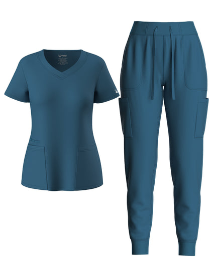 Women's Solid Two-piece Set - Elegant Short Sleeve V Neck Scrub Top & Drawstring Pants Outfits, Clothing