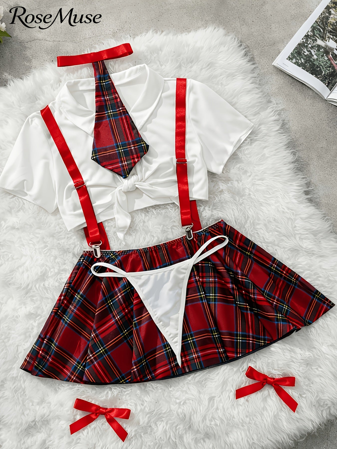 New European And American Style Plus-Size Women'S Cosplay Uniform Set: Plaid Suspender Mini Skirt, Top, Panties, Bow Tie, And Bow Leg Cuffs - 8pcs Set, Laid Skirt Sleeves Uniform Lingerie Set