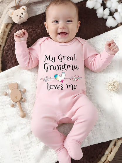 Baby Cotton Onesie with "My Great Grandma Loves Me" Lettering - Soft Long Sleeve Newborn Romper, Easy On/Off Outfits Suitable for Spring Summer Fall, Grandma-Themed Clothing, Perfect for Outdoor