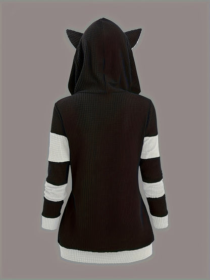 Women's & Cute Cat Ear Zip Hoodie - Anime Roleplay Costume with Pockets, Colorblock -Line Sweatshirt | Soft Warm Outerwear Suitable for Autumn/Winter Daily Wear, Machine Washable Cozy Streetwear