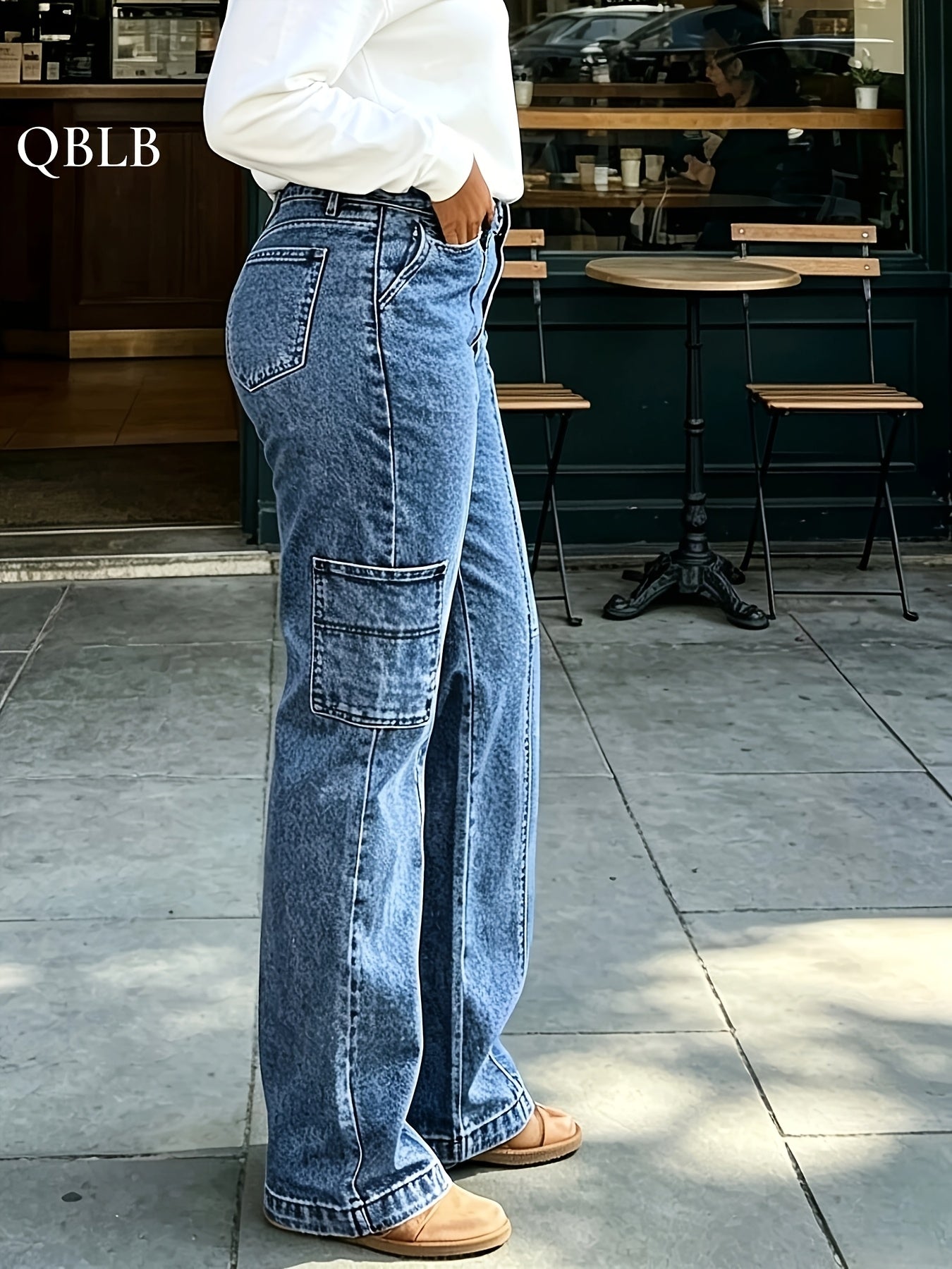 Women'S Mid to High Waist Multi-Pocket Line Splicing Cuffed Edge Jeans