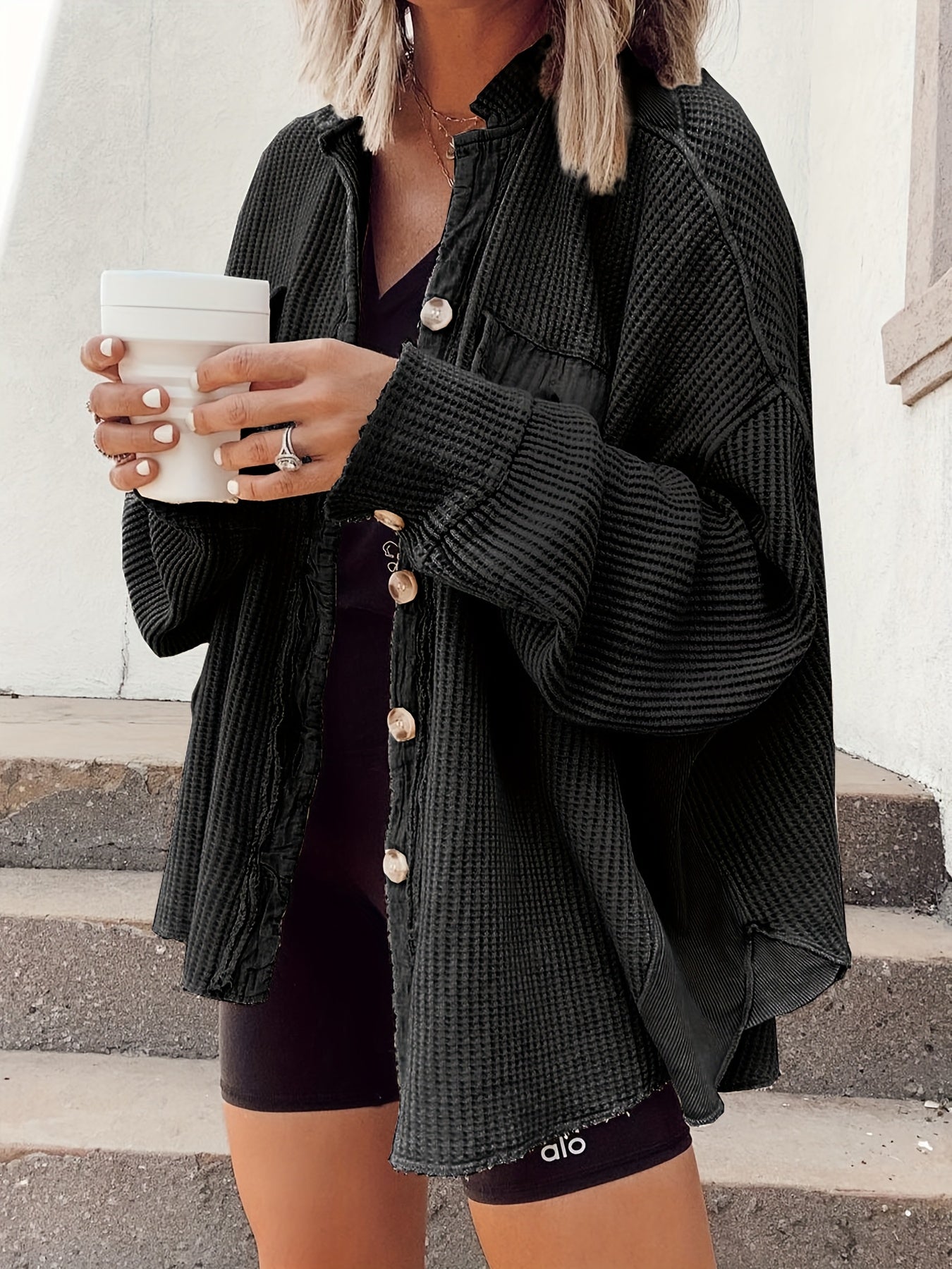 Women's Chic Oversized Waffle Jacket - Long Coat with Lapel Collar & Front Buttons, Machine Washable Winter Jacket for Everyday Formal Outfits - Cozy Fall and Winter Outerwear, Seasonal Fashion, Relaxed Fit, Durable Stitching, Casual Wear