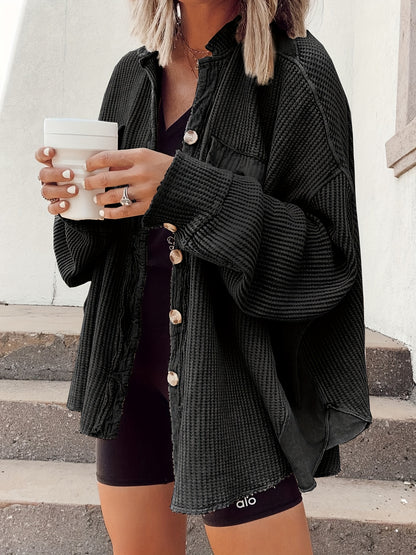 Women's Chic Oversized Waffle Jacket - Long Coat with Lapel Collar & Front Buttons, Machine Washable Winter Jacket for Everyday Formal Outfits - Cozy Fall and Winter Outerwear, Seasonal Fashion, Relaxed Fit, Durable Stitching, Casual Wear