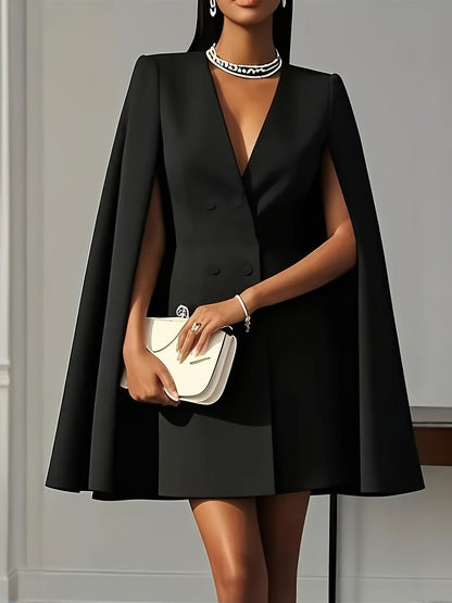 [Spring & Summer Party] Women's Elegant Solid Color V Neck Double-Breasted Cape Blazer Dress Spring & Summer Party Banquet Outfit 2pcs Outfits for Women Elegant Classy
